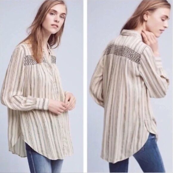 Anthropologie Floreat Northfolk Cream striped button down blouse size small EUC - Picture 1 of 15